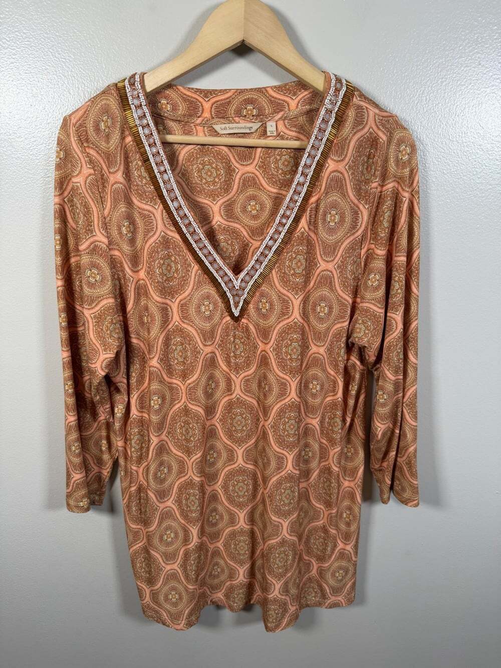 Soft Surroundings Lillia Beaded Medallion Tunic Size Large Orange Boho Eclectic